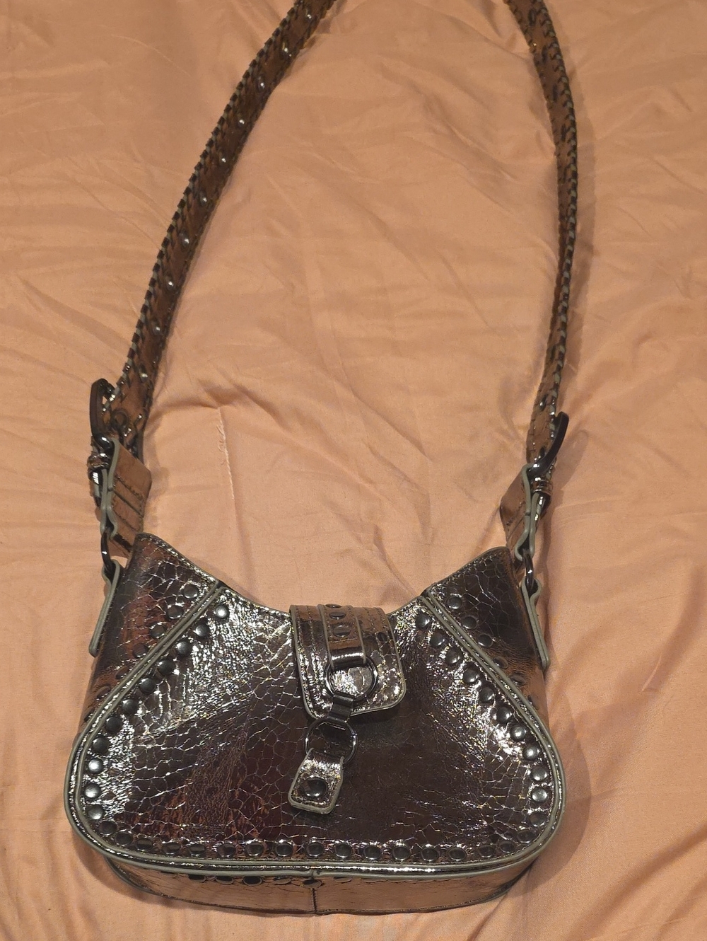 Metallic Brown Croc-Texture Shoulder Bag